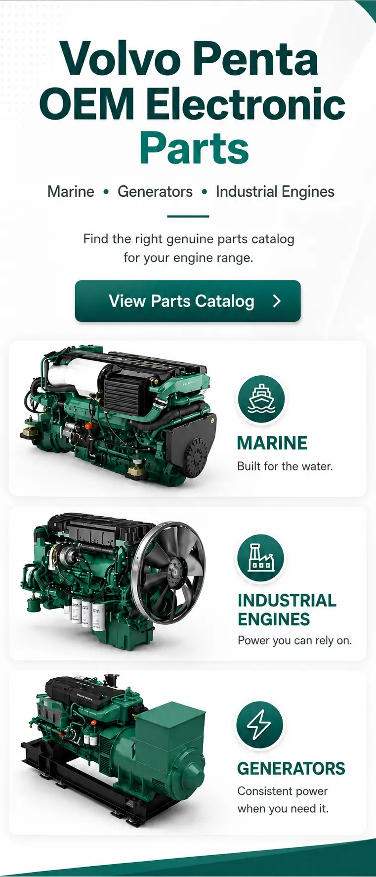 Volvo Penta OEM electronic parts catalog banner for marine engines, generators, and industrial engine parts lookup