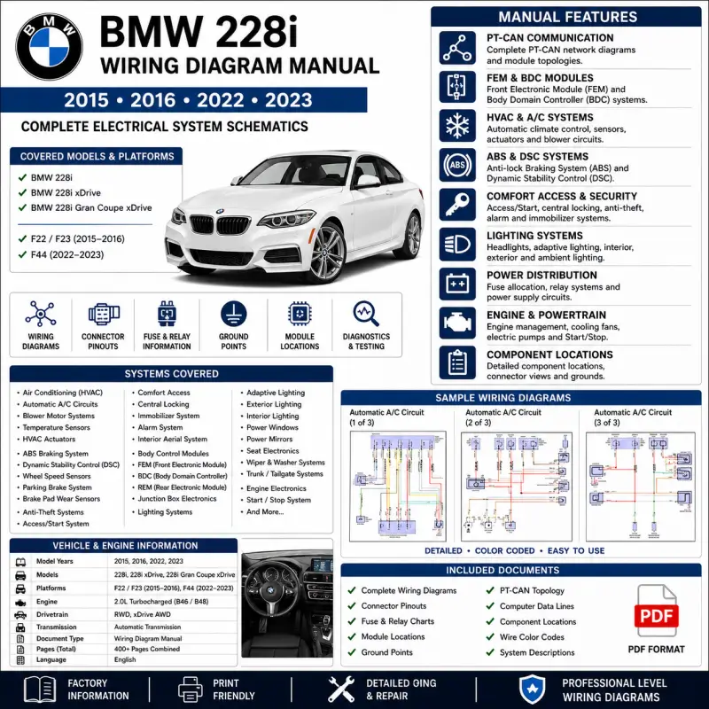 bmw-228i-f22-f44-wiring-diagram BMW 228i / 228i xDrive Wiring Diagram Manual 2015–2023 – F22 / F44 Electrical System, PT-CAN, FEM, BDC & Full Circuit Schematics - Image 1