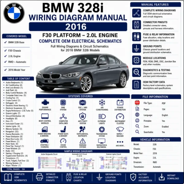BMW 328i F30 2016 wiring diagram manual PDF for 2.0L electrical system, DME, DSC, PT-CAN, power distribution, and full OEM circuit schematics.