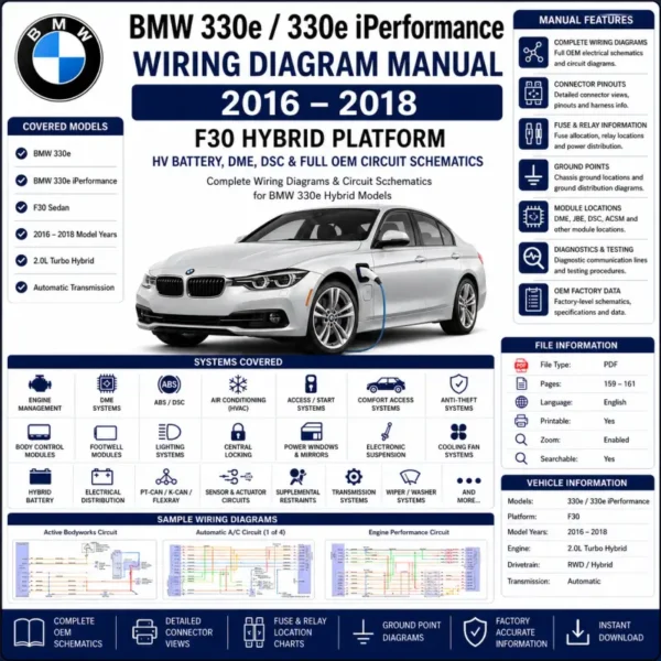 BMW 330e F30 2016-2018 wiring diagram manual PDF for 2.0L turbo hybrid electrical circuits and high-voltage system wiring