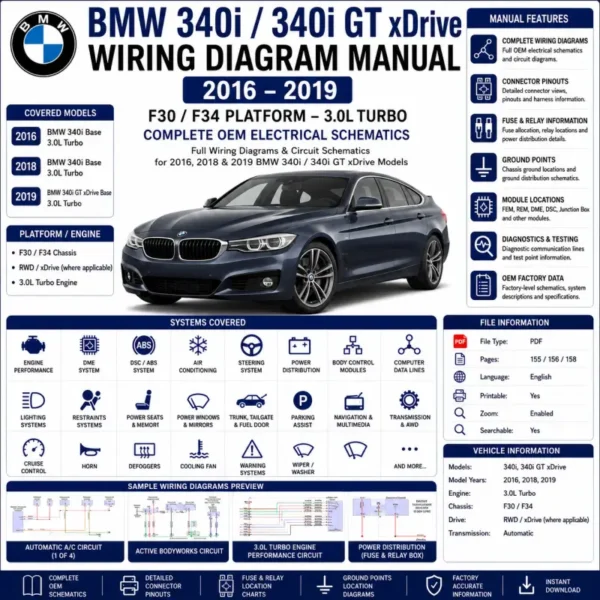 BMW 340i and 340i GT xDrive 2016-2019 wiring diagram manual PDF for 3.0L turbo electrical system, DME, DSC, PT-CAN, power distribution, AWD, and OEM circuit schematics