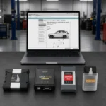 BMW ICOM and J2534 PassThru VCI remote configuration service with diagnostic laptop and multiple vehicle communication interfaces in a professional garage workshop