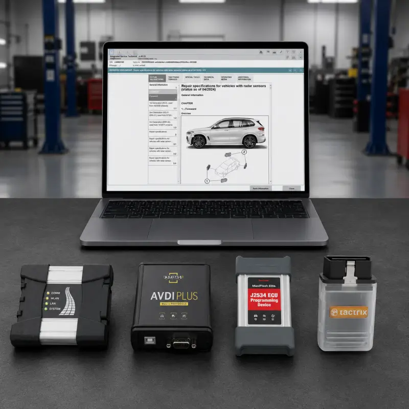 bmw-icom-j2534-passthru-vci-remote-configuration-service BMW ICOM and J2534 PassThru VCI remote configuration service with diagnostic laptop and multiple vehicle communication interfaces in a professional garage workshop