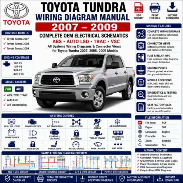 Toyota Tundra 2007-2009 electrical wiring diagram manual PDF for ABS, CAN, ECM, A/T, 4WD, SRS, trailer towing, power source, and OEM circuit schematics
