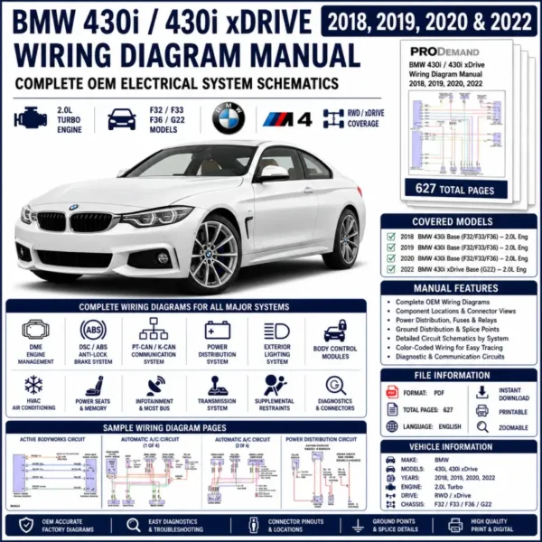 BMW 430i and 430i xDrive 2018-2022 wiring diagram manual PDF for 2.0L turbo electrical systems, DME, DSC, PT-CAN, xDrive, power distribution, and OEM circuit schematics