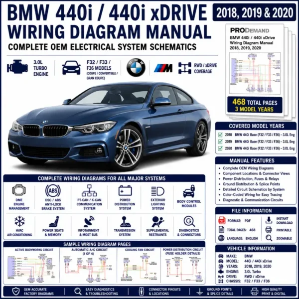 BMW 440i and 440i xDrive F32 F33 F36 2018-2020 wiring diagram manual PDF for 3.0L turbo DME, DSC, PT-CAN, power distribution, HVAC, transmission, body modules, and OEM electrical circuit schematics