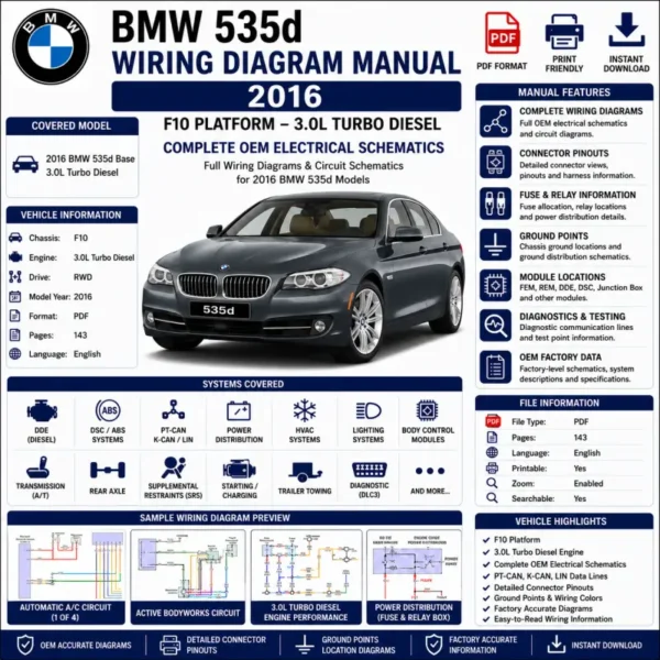 BMW 535d F10 2016 wiring diagram manual PDF for 3.0L turbo diesel electrical system, DDE, DSC, PT-CAN, power distribution, and OEM circuit schematics
