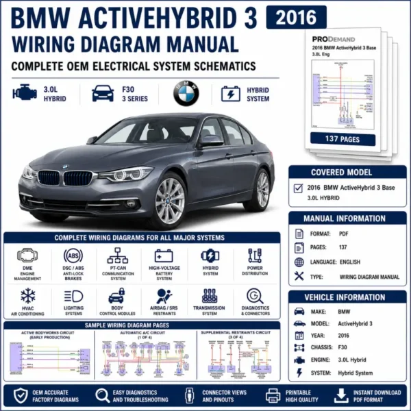 BMW ActiveHybrid 3 F30 2016 wiring diagram manual PDF for 3.0L hybrid electrical system, DME, DSC, PT-CAN, high-voltage battery, power distribution, and OEM circuit schematics