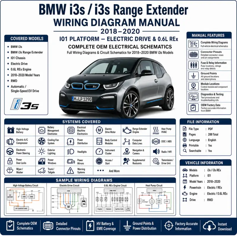 bmw-i3s-range-extender-i01-2018-2020-wiring-diagram-manual BMW i3s and i3s Range Extender I01 2018–2020 wiring diagram manual PDF covering electric drive, 0.6L REx engine, Electrical Machine Electronics, high-voltage battery, heat pump, power distribution, DSC, and OEM circuit schematics