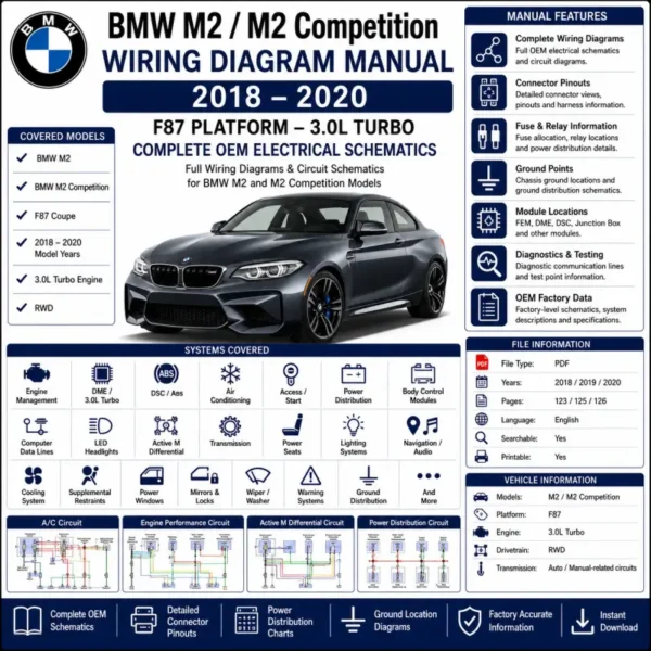 BMW M2 and M2 Competition F87 2018–2020 wiring diagram manual PDF covering 3.0L turbo DME, DSC, PT-CAN, Active M Differential, power distribution, HVAC, transmission, and OEM electrical circuit schematics