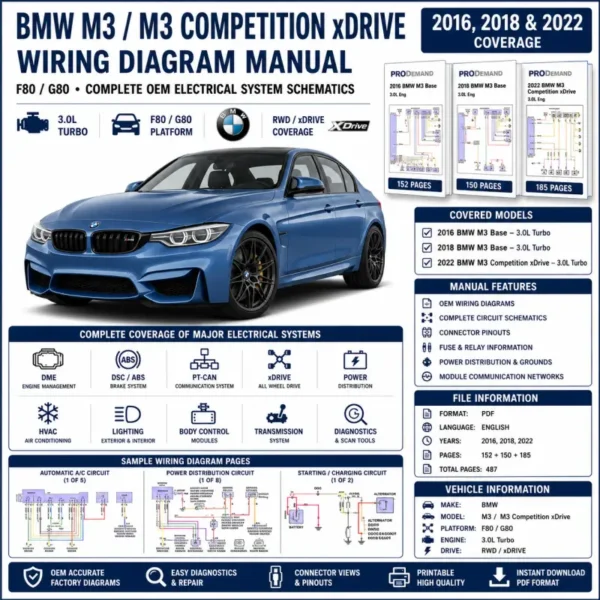 BMW M3 and M3 Competition xDrive F80 G80 2016, 2018 and 2022 wiring diagram manual PDF for 3.0L turbo electrical systems, DME, DSC, PT-CAN, xDrive, power distribution, and OEM circuit schematics