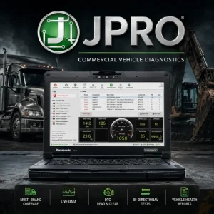 JPRO heavy-duty truck diagnostic software interface displaying fault codes, live engine data, and bi-directional test features