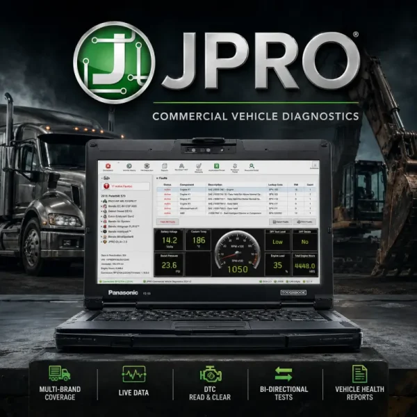 JPRO heavy-duty truck diagnostic software interface displaying fault codes, live engine data, and bi-directional test features