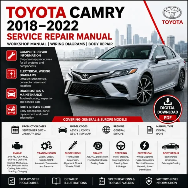 Toyota Camry 2018–2022 service repair manual with wiring diagrams, body repair data, diagnostics and workshop procedures for ASV7, AXVA7, GSV7 and MXVA7 models