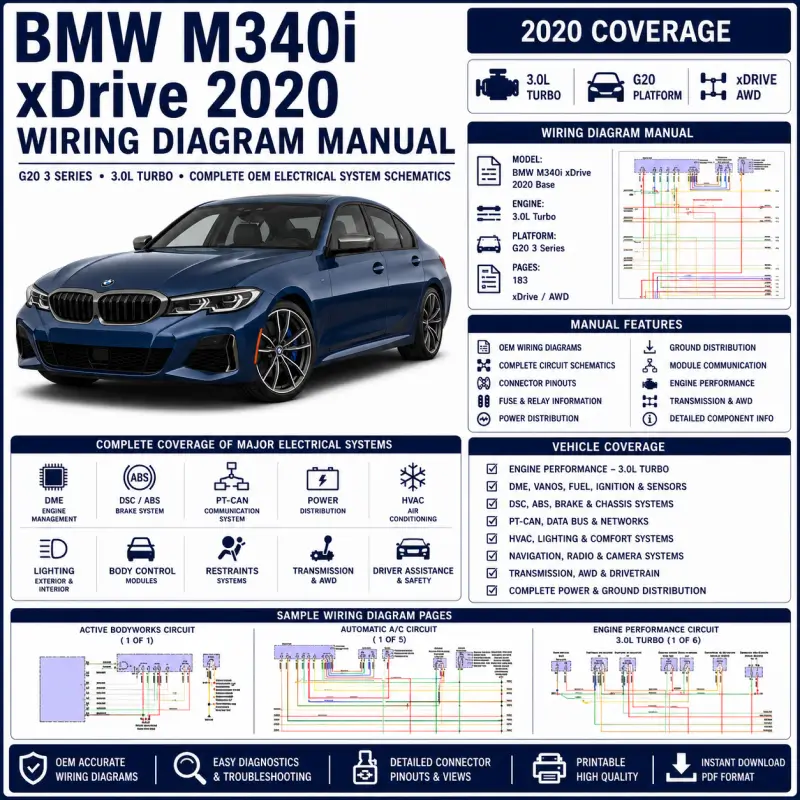 bmw-m340i-xdrive-2020-g20-wiring-diagram-manual BMW M340i xDrive 2020 G20 wiring diagram manual covering 3.0L Turbo DME, DSC, PT-CAN, power distribution, HVAC, lighting, AWD and OEM circuit schematics.
