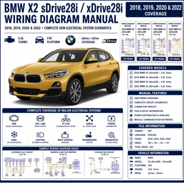 BMW X2 sDrive28i and xDrive28i F39 2018-2020 and 2022 wiring diagram manual PDF for 2.0L turbo electrical systems, DME, DSC, PT-CAN, xDrive, power distribution, and OEM circuit schematics.