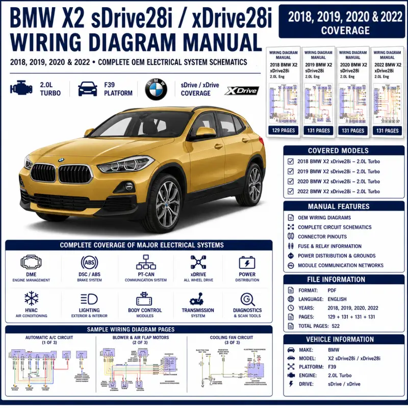 bmw-x2-sdrive28i-xdrive28i-f39-2018-2022-wiring-diagram-manual BMW X2 sDrive28i and xDrive28i F39 2018-2020 and 2022 wiring diagram manual PDF for 2.0L turbo electrical systems, DME, DSC, PT-CAN, xDrive, power distribution, and OEM circuit schematics.