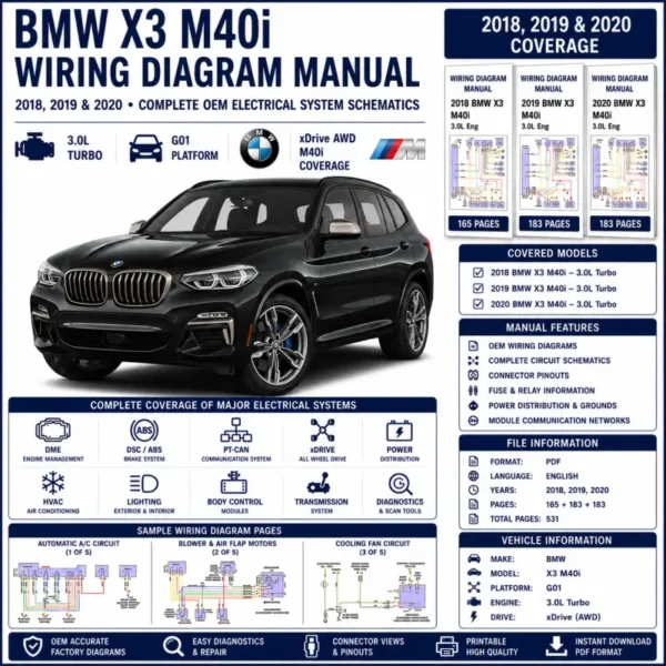 BMW X3 M40i G01 2018-2020 wiring diagram manual PDF for 3.0L turbo electrical systems, DME, DSC, PT-CAN, xDrive, power distribution, and OEM circuit schematics.