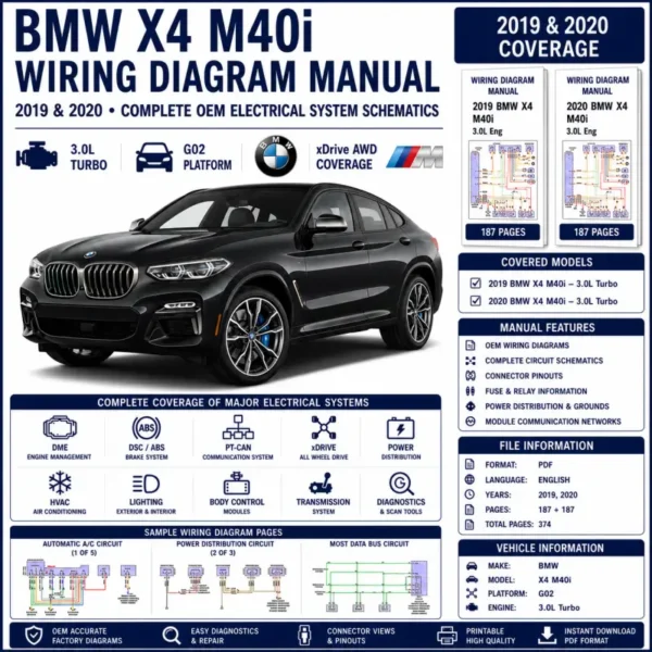 BMW X4 M40i G02 2019-2020 wiring diagram manual PDF for 3.0L turbo electrical systems, DME, DSC, PT-CAN, xDrive, power distribution, and OEM circuit schematics.