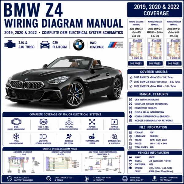 BMW Z4 sDrive30i and M40i G29 2019-2020 and 2022 wiring diagram manual PDF for 2.0L and 3.0L turbo electrical systems, DME, DSC, PT-CAN, power distribution, and OEM circuit schematics.
