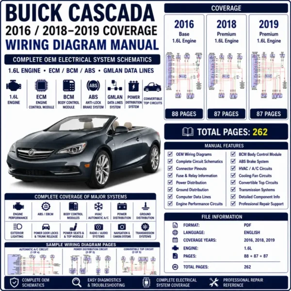 Buick Cascada 2016 2018 and 2019 wiring diagram manual covering 1.6L ECM, BCM, ABS, GMLAN, convertible top circuits, power distribution and OEM schematics.