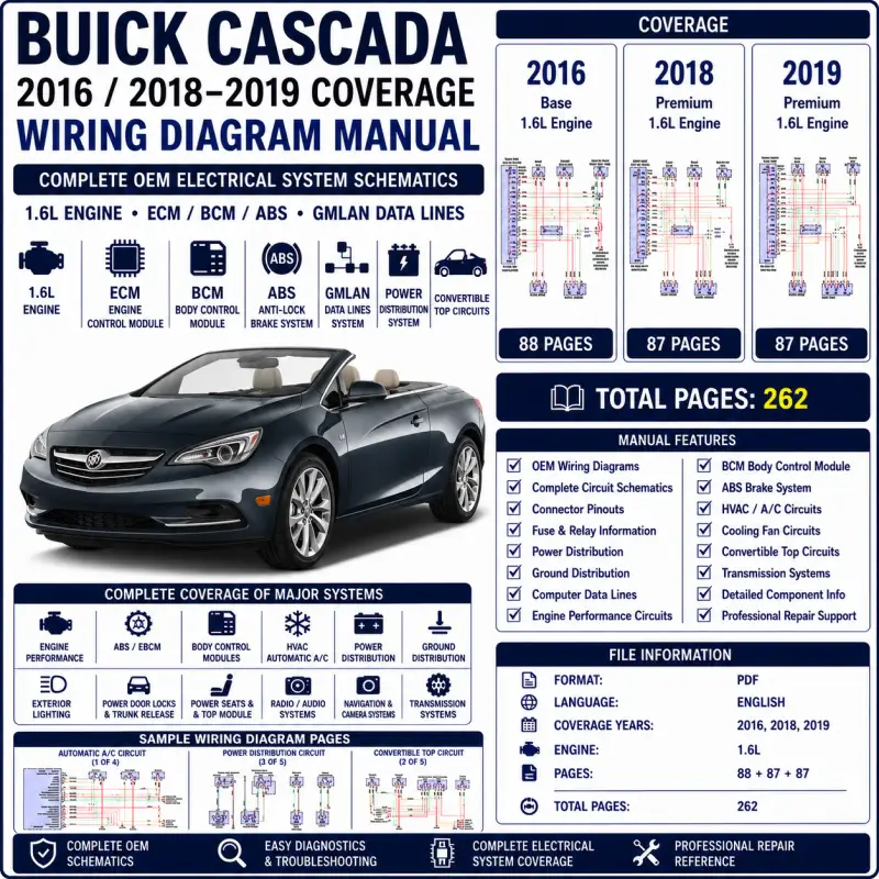 buick-cascada-2016-2018-2019-wiring-diagram-manual Buick Cascada 2016 2018 and 2019 wiring diagram manual covering 1.6L ECM, BCM, ABS, GMLAN, convertible top circuits, power distribution and OEM schematics.