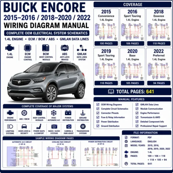 Buick Encore 2015 2016 2018 2019 2020 and 2022 wiring diagram manual covering 1.4L ECM, BCM, ABS, GMLAN, power distribution and OEM circuit schematics.