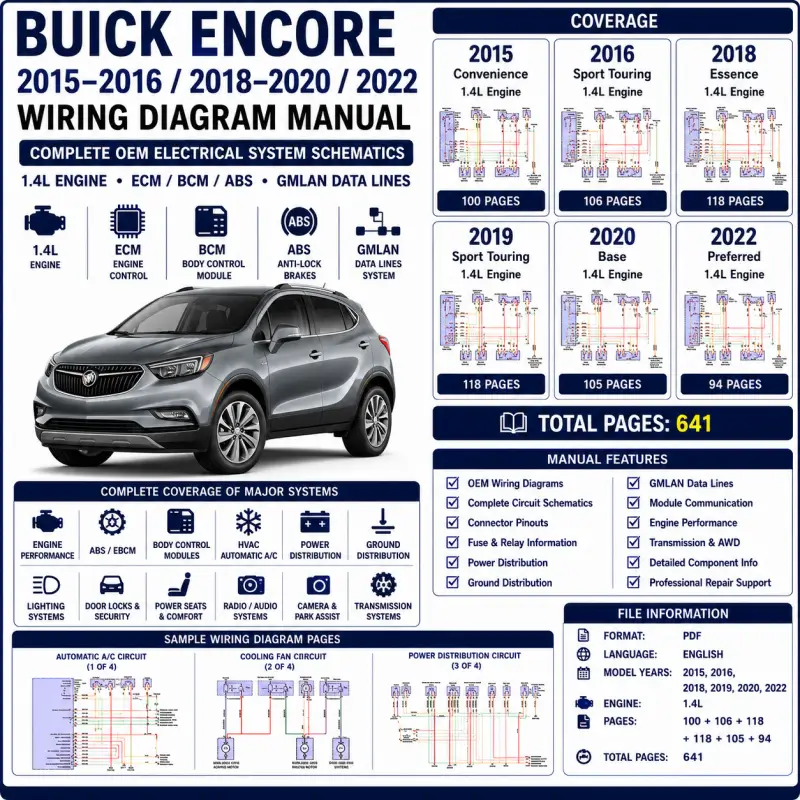 buick-encore-2015-2016-2018-2020-2022-wiring-diagram-manual Buick Encore 2015 2016 2018 2019 2020 and 2022 wiring diagram manual covering 1.4L ECM, BCM, ABS, GMLAN, power distribution and OEM circuit schematics.