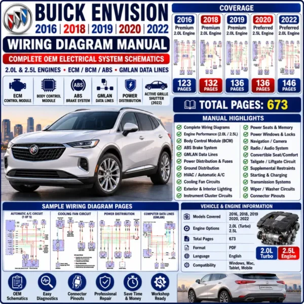 Buick Envision 2016 2018 2019 2020 and 2022 wiring diagram manual covering 2.0L and 2.5L ECM, BCM, ABS, GMLAN, active grille shutter, power distribution and OEM schematics.