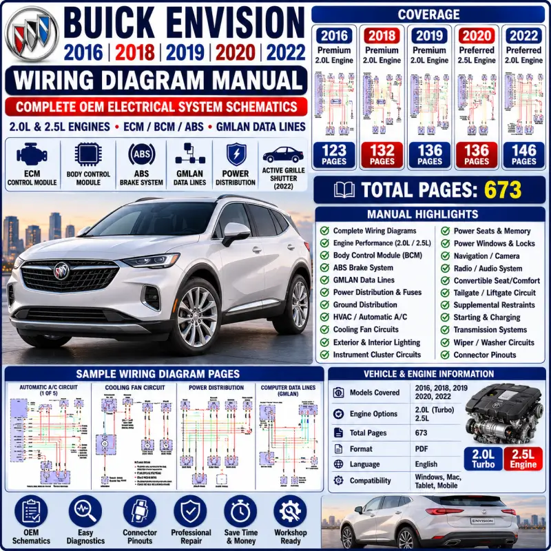 buick-envision-2016-2018-2020-2022-wiring-diagram-manual Buick Envision 2016 2018 2019 2020 and 2022 wiring diagram manual covering 2.0L and 2.5L ECM, BCM, ABS, GMLAN, active grille shutter, power distribution and OEM schematics.