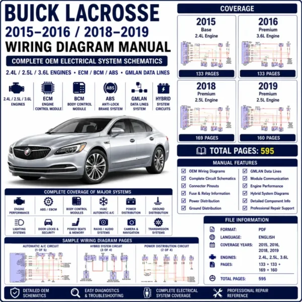 Buick LaCrosse 2015 2016 2018 and 2019 wiring diagram manual covering 2.4L, 2.5L and 3.6L ECM, BCM, ABS, GMLAN, hybrid circuits, power distribution and OEM schematics.