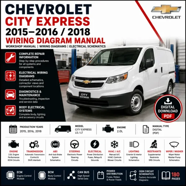 Chevrolet City Express 2015 2016 and 2018 wiring diagram manual covering 2.0L ECM, BCM, ABS, CAN bus, power distribution, HVAC, transmission, restraints and OEM electrical schematics.