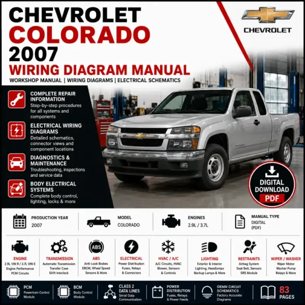 Chevrolet Colorado 2007 wiring diagram manual covering 2.9L and 3.7L PCM, BCM, ABS, Class 2 data lines, power distribution, transmission, restraints and OEM electrical schematics.