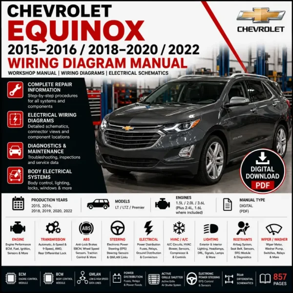 Chevrolet Equinox 2015 2016 2018 2019 2020 and 2022 wiring diagram manual covering 1.5L 2.0L and 3.6L ECM, BCM, ABS, GMLAN, power distribution, HVAC, transmission and OEM electrical schematics.