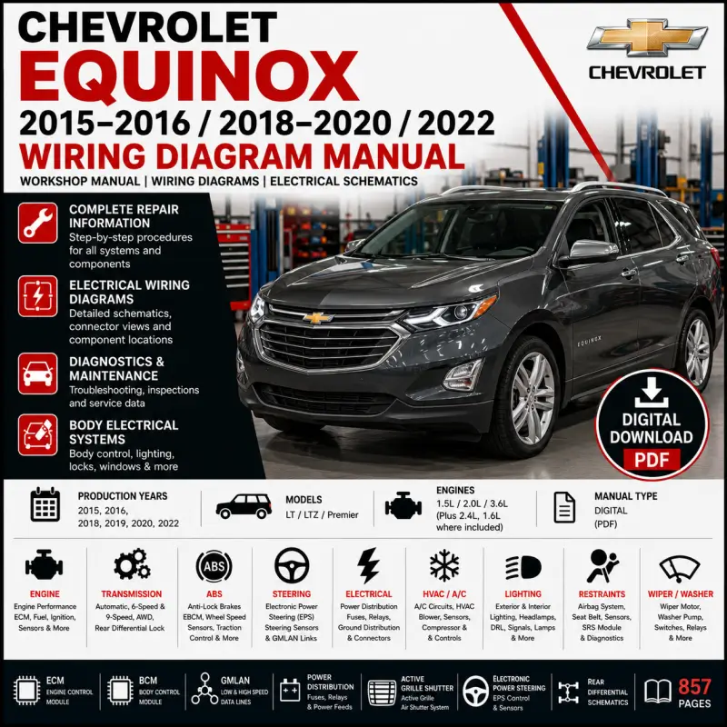 chevrolet-equinox-2015-2016-2018-2020-2022-wiring-diagram-manual Chevrolet Equinox 2015 2016 2018 2019 2020 and 2022 wiring diagram manual covering 1.5L 2.0L and 3.6L ECM, BCM, ABS, GMLAN, power distribution, HVAC, transmission and OEM electrical schematics.