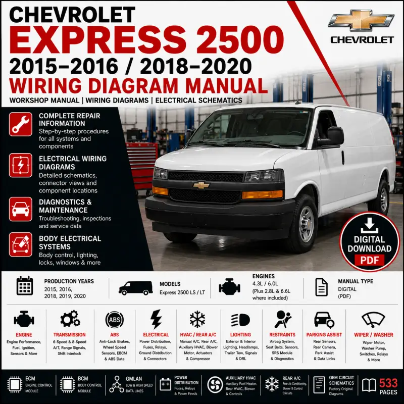 chevrolet-express-2500-2015-2016-2018-2020-wiring-diagram-manual Chevrolet Express 2500 2015–2016 & 2018–2020 Wiring Diagram Manual – 4.3L / 6.0L Electrical System, ECM, BCM, ABS, GMLAN & Full OEM Circuit Schematics - Image 1