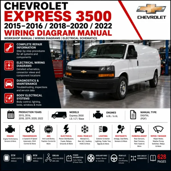 Chevrolet Express 3500 2015 2016 2018 2019 2020 and 2022 wiring diagram manual covering 6.0L and 6.6L ECM, BCM, ABS, GMLAN, power distribution, HVAC, transmission and OEM electrical schematics.