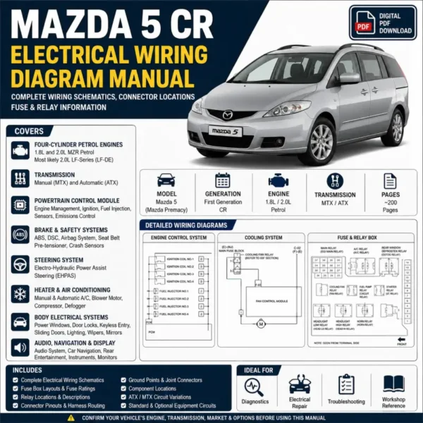 Mazda 5 CR electrical wiring diagram manual covering petrol engine circuits, fuse and relay layouts, connector pinouts, grounding points, harness routing, ABS, steering, lighting and body electrical systems.
