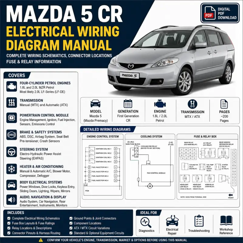 mazda-5-cr-electrical-wiring-diagram-manual Mazda 5 CR electrical wiring diagram manual covering petrol engine circuits, fuse and relay layouts, connector pinouts, grounding points, harness routing, ABS, steering, lighting and body electrical systems.