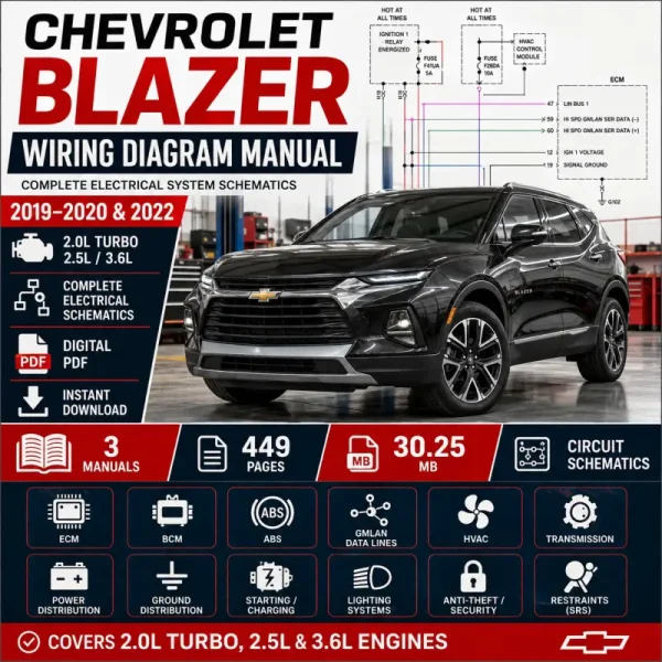 Chevrolet Blazer 2019–2020 and 2022 wiring diagram manual covering 2.0L Turbo, 2.5L and 3.6L engines, ECM, BCM, ABS, GMLAN, HVAC, transmission, power distribution and complete electrical schematics.
