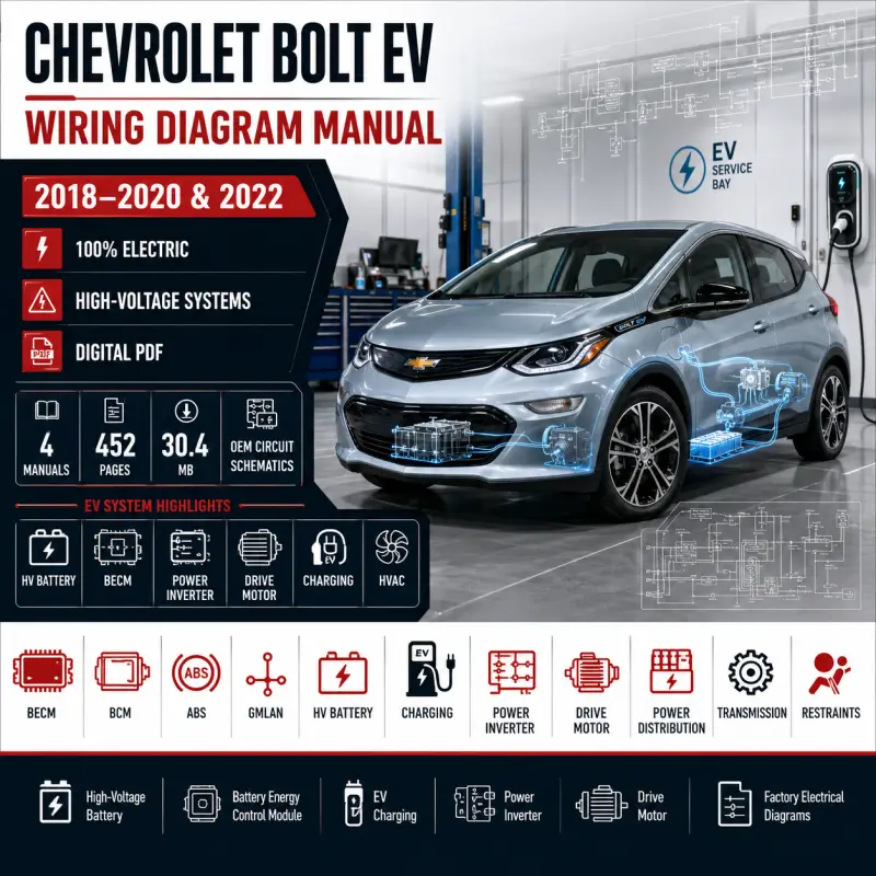 Chevrolet Bolt EV Wiring Diagram Manual 2018–2022 – High-Voltage EV Systems Chevrolet Bolt EV 2018–2020 and 2022 wiring diagram manual covering high-voltage battery, BECM, BCM, ABS, GMLAN, battery charging, power inverter, drive motor, transmission and complete EV electrical schematics.