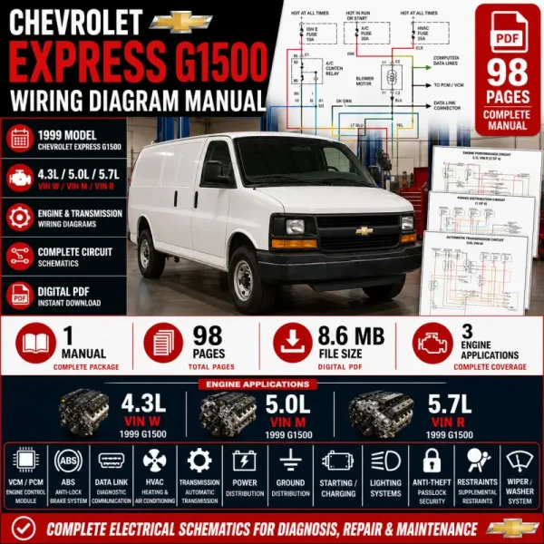 Chevrolet Express G1500 1999 wiring diagram manual covering 4.3L VIN W, 5.0L VIN M and 5.7L VIN R engines, VCM/PCM, ABS, HVAC, automatic transmission, power distribution, lighting, anti-theft and complete electrical schematics.