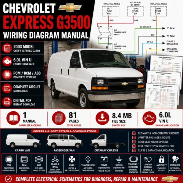Chevrolet Express G3500 2003 wiring diagram manual covering 6.0L VIN U, PCM, BCM, ABS, Class 2 data, HVAC, automatic transmission, power distribution, starting and charging, lighting and complete electrical schematics.