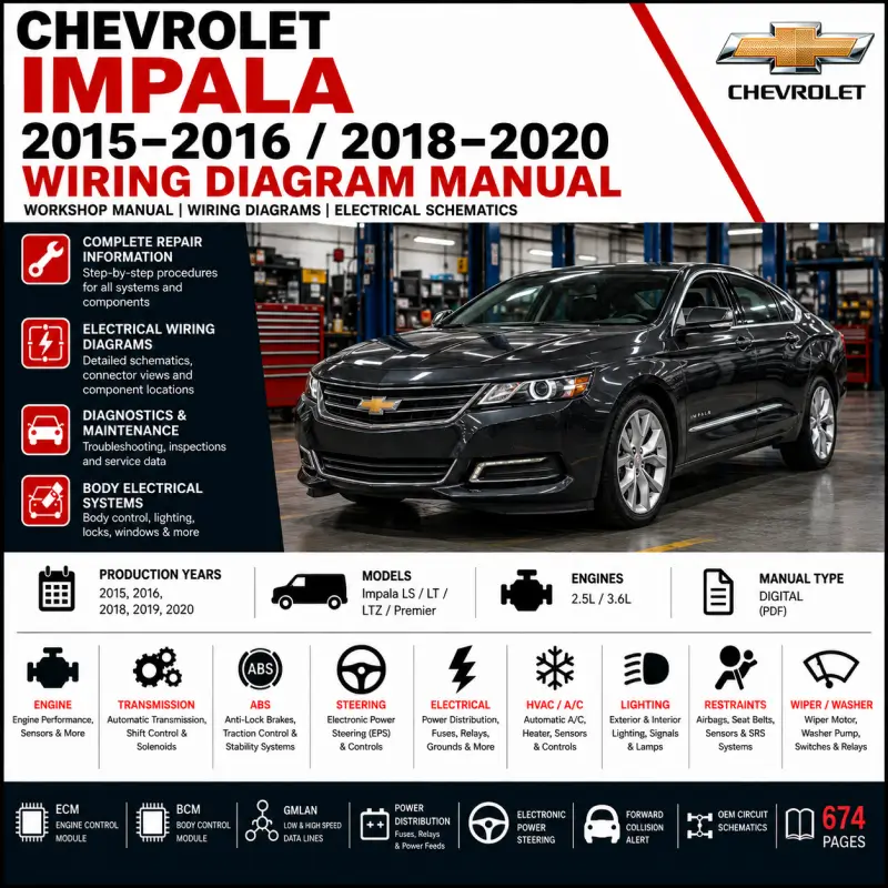 chevrolet-impala-2015-2016-2018-2020-wiring-diagram-manual Chevrolet Impala 2015 2016 2018 2019 and 2020 wiring diagram manual covering 2.5L and 3.6L ECM, BCM, ABS, GMLAN, power distribution, HVAC, transmission and OEM electrical schematics.
