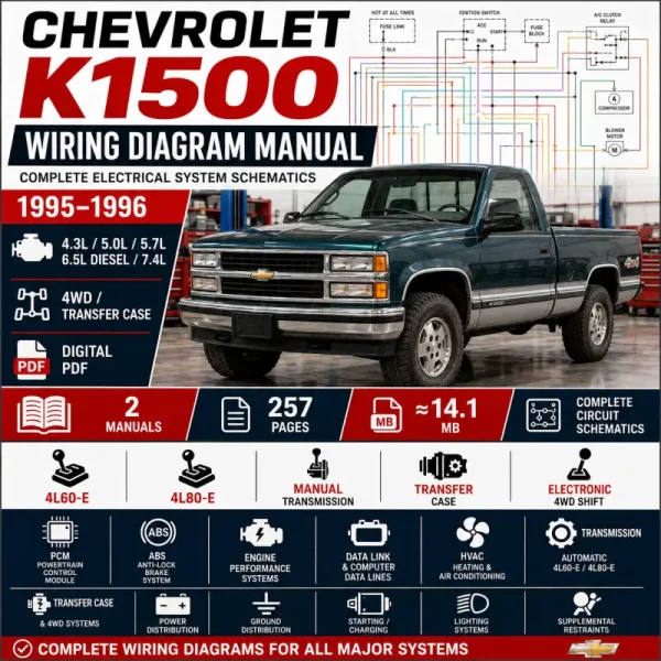 Chevrolet K1500 1995–1996 wiring diagram manual covering 4.3L, 5.0L, 5.7L, 6.5L diesel and 7.4L engines, PCM, ABS, 4L60-E, 4L80-E, transfer case, 4WD, power distribution and complete electrical schematics.