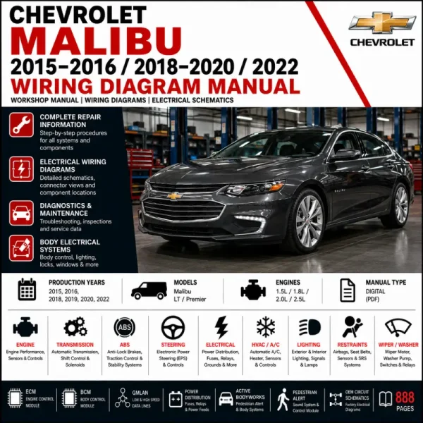 Chevrolet Malibu 2015 2016 2018 2019 2020 and 2022 wiring diagram manual covering 1.5L 1.8L 2.0L and 2.5L ECM, BCM, ABS, GMLAN, power distribution, HVAC, transmission and OEM electrical schematics.