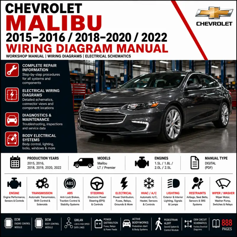 chevrolet-malibu-2015-2016-2018-2020-2022-wiring-diagram-manual Chevrolet Malibu 2015 2016 2018 2019 2020 and 2022 wiring diagram manual covering 1.5L 1.8L 2.0L and 2.5L ECM, BCM, ABS, GMLAN, power distribution, HVAC, transmission and OEM electrical schematics.