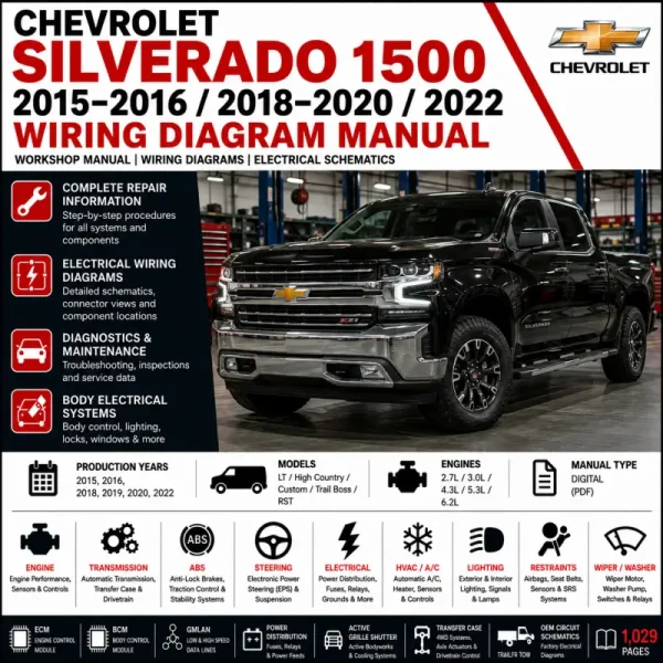 Chevrolet Silverado 1500 2015 2016 2018 2019 2020 and 2022 wiring diagram manual covering 2.7L 3.0L 4.3L 5.3L and 6.2L ECM, BCM, ABS, GMLAN, power distribution, transfer case, trailer tow and OEM electrical schematics.