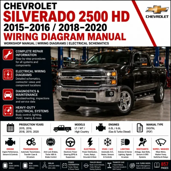 Chevrolet Silverado 2500 HD 2015 2016 2018 2019 and 2020 wiring diagram manual covering 6.0L and 6.6L ECM, BCM, ABS, GMLAN, power distribution, trailer brake, transfer case and OEM electrical schematics.