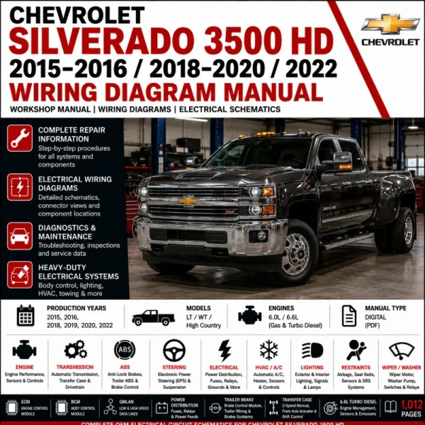 Chevrolet Silverado 3500 HD 2015 2016 2018 2019 2020 and 2022 wiring diagram manual covering 6.0L and 6.6L ECM, BCM, ABS, GMLAN, power distribution, trailer brake, transfer case and OEM electrical schematics.